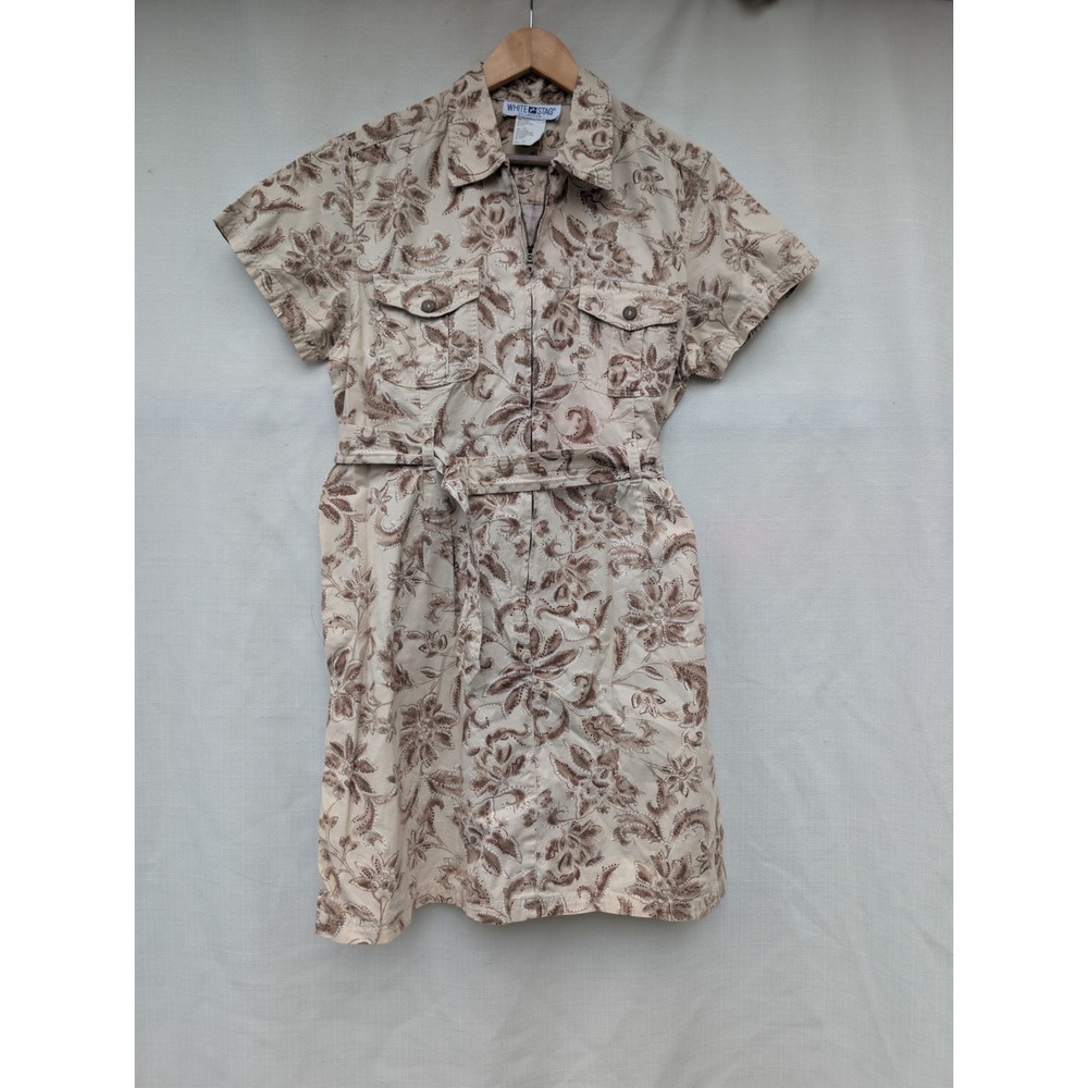 White Stag Utility Dress Womens 16 Beige Cotton Short Sleeve Floral Safari